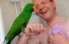 Британец принимает душ вместе с двумя попугаями