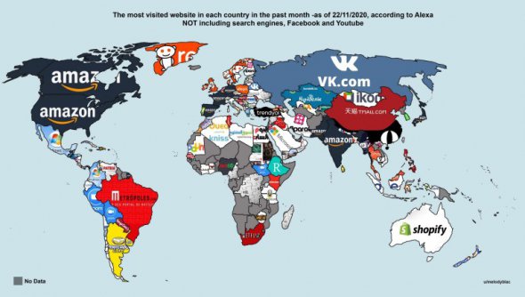 Найбільш відвідувані сайти в кожній країні світу