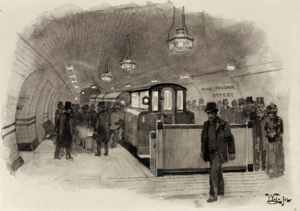 Станцію метро King William Street у центрі Лондона зобразили на малюнку 1890-го. Була кінцевою зупинкою електрифікованої гілки підземки, яку відкрили того року