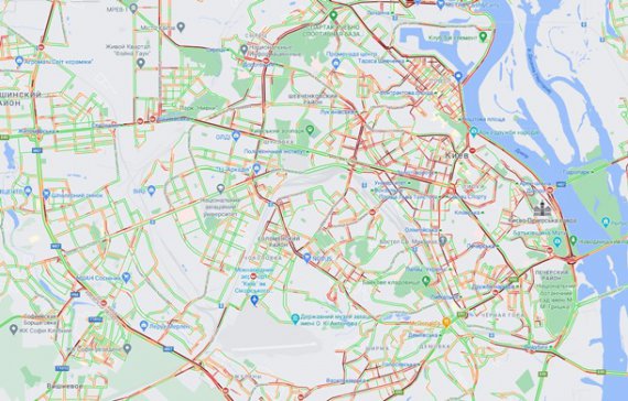 Автомобілі стоять у заторах на головних дорогах міста. Фото: Google Maps