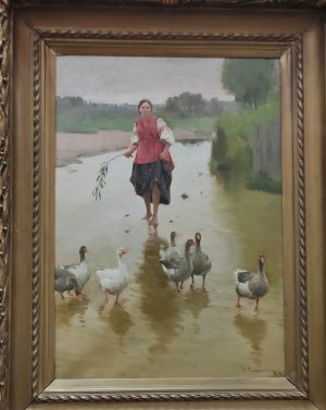 На картине Николая Пимоненко "Гуси, домой!" 1911 года изображена женщина, которая гонит гусей в свой двор. Произведение экспонируется на выставке "Помощник, спутник, друг" Национального художественного музея.