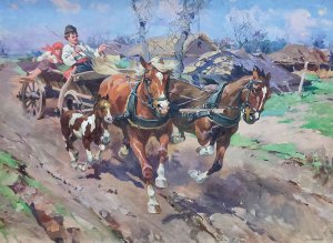 Картину ”­Молодята” ­Микола ­Самокиш ­написав у 1910 роках. Її можна побачити на виставці ”Помічник, супутник, друг” у Національному художньому музеї. Автор малював здебільшого коней. Умів зображувати їх у русі з будь-якого боку