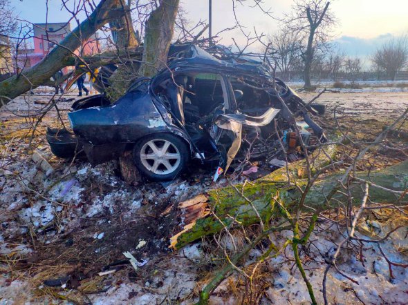 На Херсонщині Nissan Maxima від удару об дерево розірвало навпіл.