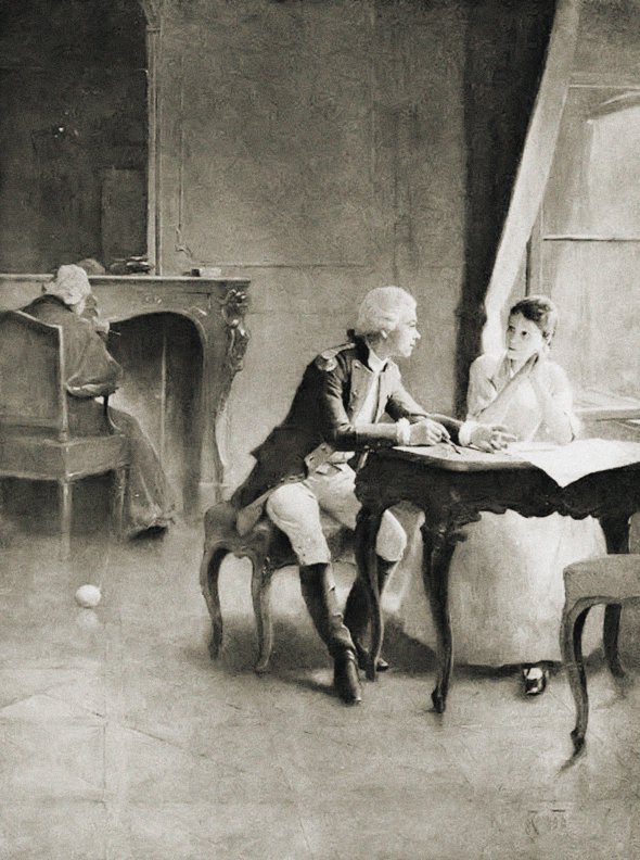 Тадеуш Костюшко давав уроки математики й малювання Людвиці Сосновській. Вони кохали одне одного. Та її батько відмовив у шлюбі. Картину ”Заняття Тадеуша і Людвики” написав польський художник Зиґмунт Айдукевич (1861–1917) 