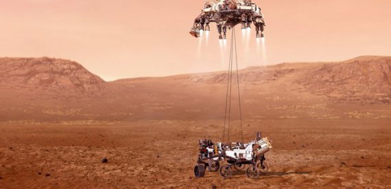 Sky Crane спускает ровер на Марс