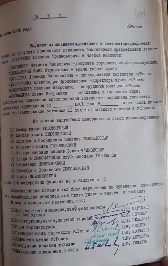 Акт про перепоховання із Державного архіву Рівненської області