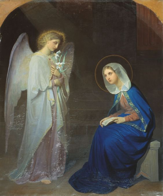 Архангел Гавриил возвещает Богородицу о том, что она станет матерью Божьей.