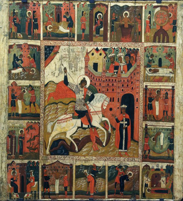 На иконах святой Георгий изображается на коне, поражая копьем змея или с копьем в руках