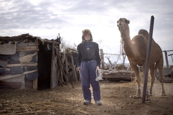 85-летний Айткул Жумалиев из узбекского села Кубла-Устюрт держит на поводке верблюда. Республика Каракалпакстан
