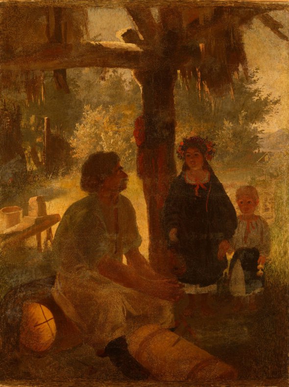 В картине "На пасеке" Тарас Шевченко изобразил свои мысли о тихой семейной жизни. Демонстрируется на выставке "Великая семерка" в Музее истории Киева
