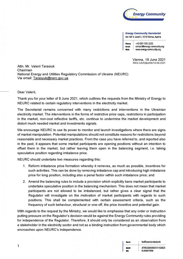 Лист директора Енергетичного співтовариства ЄС Янеза Копача до глави НКРЕКП Валерія Тарасюка (англійська версія)