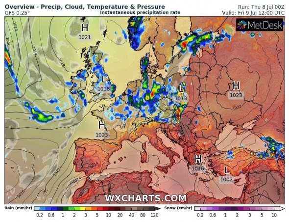 Над Північним морем розлігся циклон, а його атмосферний холодний фронт освіжає дощами повітря у Західній Європі