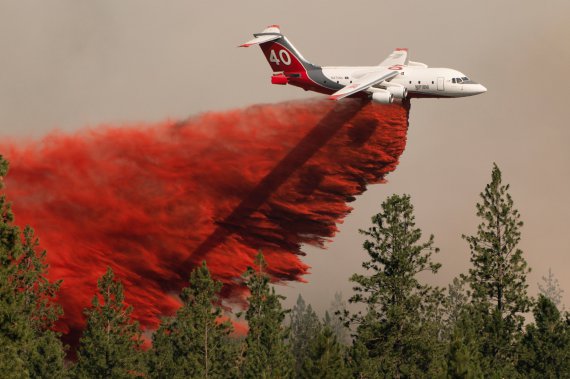 Літак скидає вогнезахисну речовину на вогонь у затоці Чувеа. Штат Вашингтон потерпає від лісових пожеж