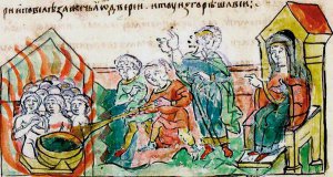 Миниатюру "Месть древлянам. Сожжение в бане "разместили в Радзивилловской летописи XV века. Изображено уничтожение людей этого племени княгиней Ольгой в 945 году. Так отомстила за убийство мужа князя Игоря