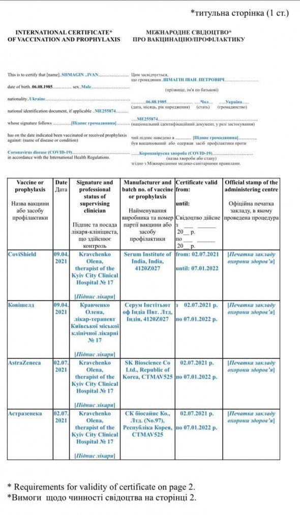 Форма международного свидетельства о вакцинации