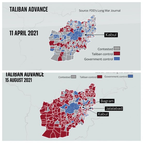 Червоним означені території, які таліби контролювали 11 квітня і 15 серпня  