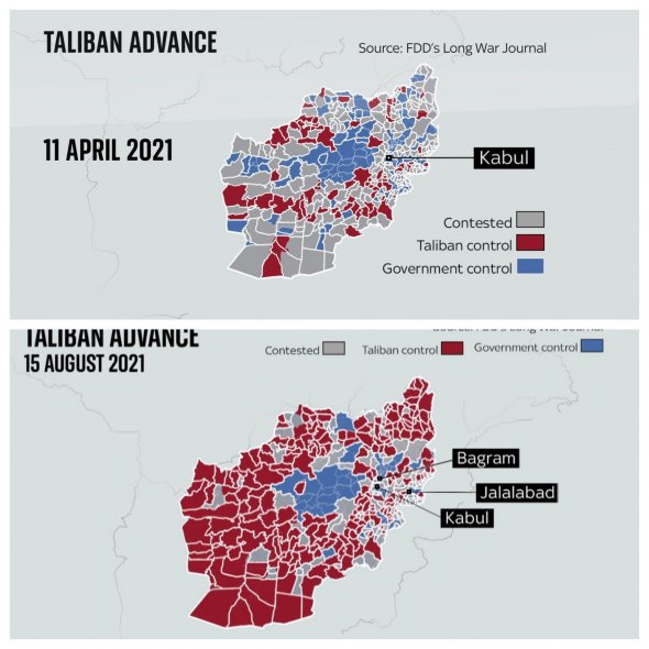 Красным означены территории, которые талибы контролировали 11 апреля и 15 августа 