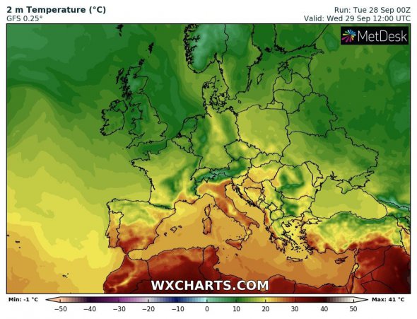 Розподіл температури повітря у Європі показує класичну схему