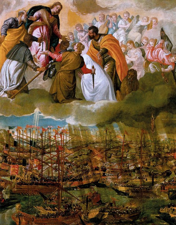 Картину ”Битва при Лепанто” написав італійський художник Паоло Веронезе 1572 року. Полотно в алегоричному вигляді показує морську сутичку, яка відбулася 7 жовтня 1571-го. В ній флот Священної ліги – союз Іспанії, Венеції та Рима, здобув перемогу над флотом Османської імперії