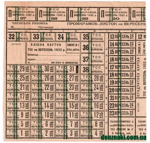 Картки на хліб. Такі видавали в 1932–1933 роках в Україні тільки тим, хто працює. Чоловіки отримували 800 грамів хліба на день, жінки – 600. На дітей не виділяли нічого