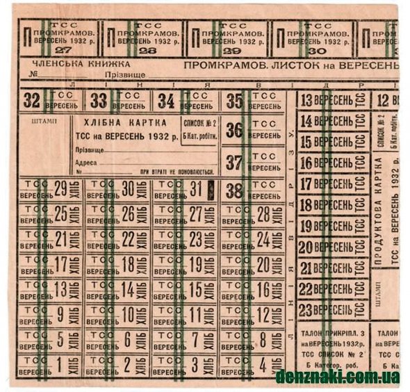 Картки на хліб. Такі видавали в 1932–1933 роках в Україні тільки тим, хто працює. Чоловіки отримували 800 грамів хліба на день, жінки – 600. На дітей не виділяли нічого