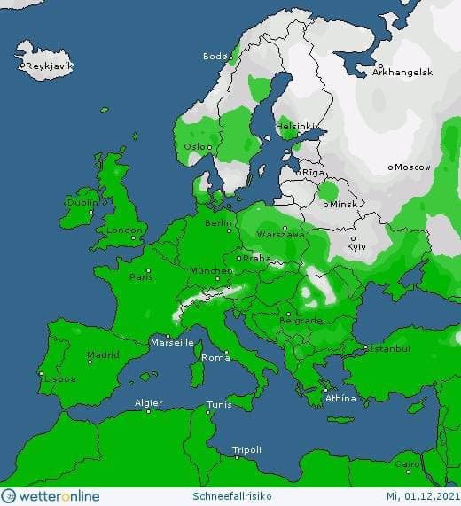 Карта показує найбільшу ймовірність снігу завтра в Україні