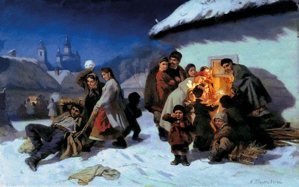 Картину ”Колядки в Україні” Костянтин Трутовський написав 1864 року. Ці пісні молодь співала перед Різдвом під вікнами односельців. Заходили до кожної хати. Якщо когось минали, це вважали поганою ознакою