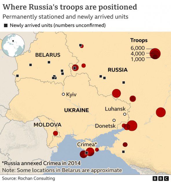 Красными кругами и чёрными квадратами означены старые и новые российский войска вокруг Украины 