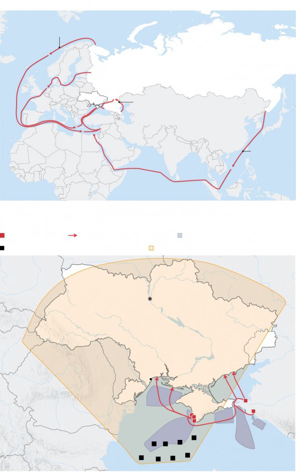 У Чорне море вирушили кораблі десантного сполучення, оснащені десантними кораблями Північного і Балтійського флотів. Росія посилила військово-морську присутність на півдні України, оголосивши про заборонені судноплавні зони в Чорному морі. Вона збільшила там свої війська, десантні засоби та вогневу міць. Червоними квадратами показані підрозділи морської піхоти РФ та можливі маршрути висадки піхоти. Чорними – вісім кораблів із ракетами великої дальності, які можуть накрити практично всю Україну