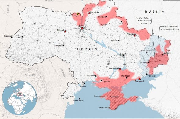 Карта захваченных россиянами украинских территорий и места обстрелов 