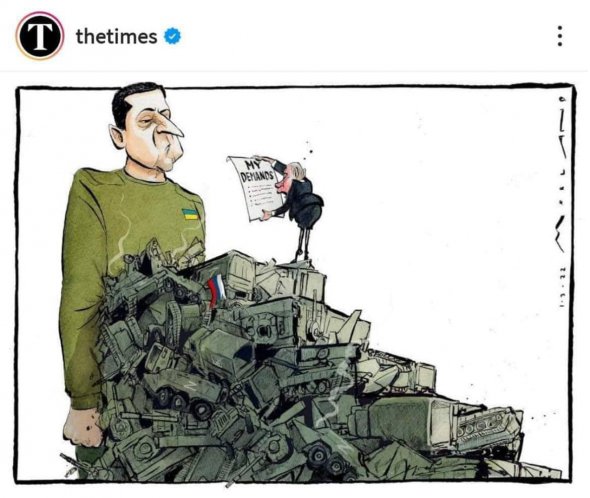 Карикатура, как Путин на куче спаленной российской военной техники собирается принудить Зеленского к капитуляции в британской The Times 