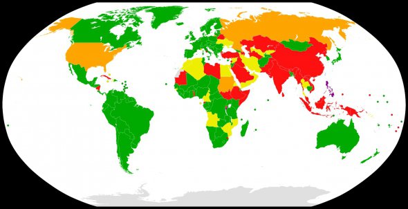 Государства, признавшие юрисдикцию Международного трибунала в Гааге. Зеленым обозначены страны, которые «подписали и ратифицировали», желтым – «подписали, но не ратифицировали», оранжевым – «подписали, но затем отозвали», а красным – «не подписали и не ратифицировали» 