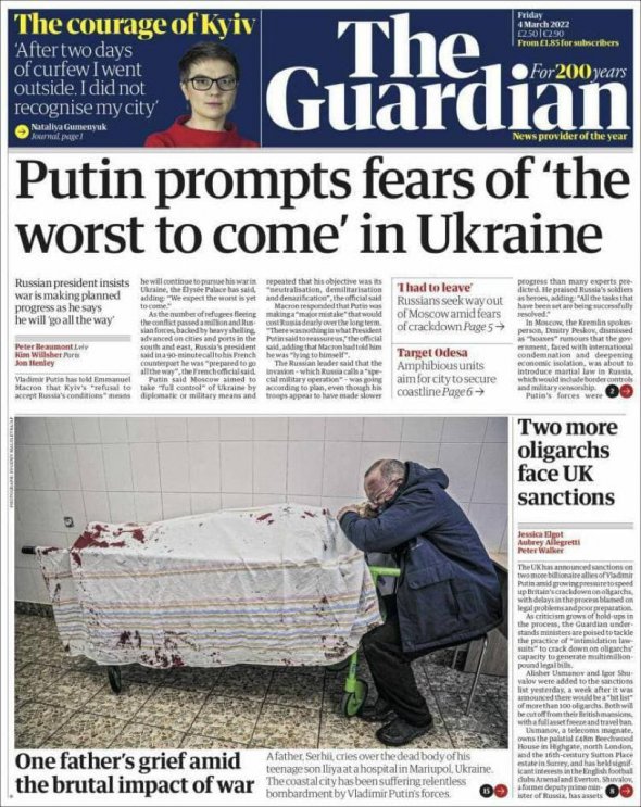 Обкладинка британської The Guardian і підпис: «Путін насаджує страхи «найгіршого попереду» в Україні 