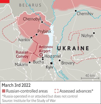 Червоною лінією відзначено російську колону на карті 