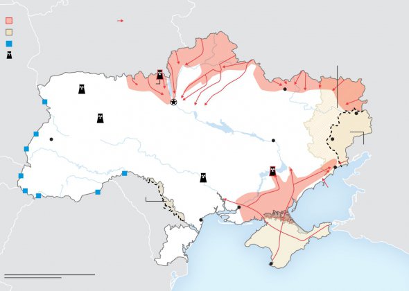 Територія України, контрольована Росією. Блакитні квадрати – місця перетину кордонів біженцями 