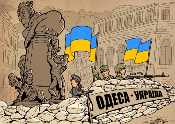 Журавель создал карикатуру, на которой снимают памятник так называемым основателям Одессы