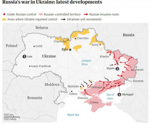 Красным означены оккупированные территории, жёлтым – освобождённые, и стрелками – направления атак