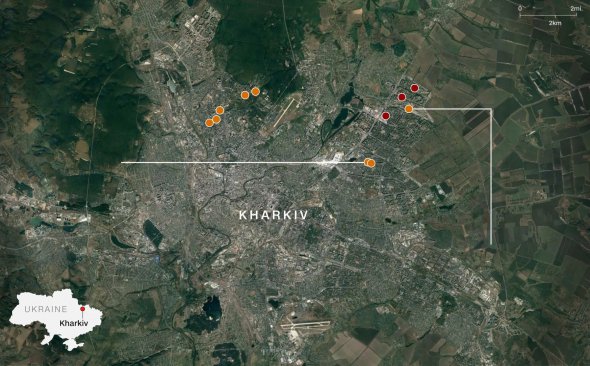 Точки потрапляння снарядів "Смерч" по Харкову 27-28 лютого 