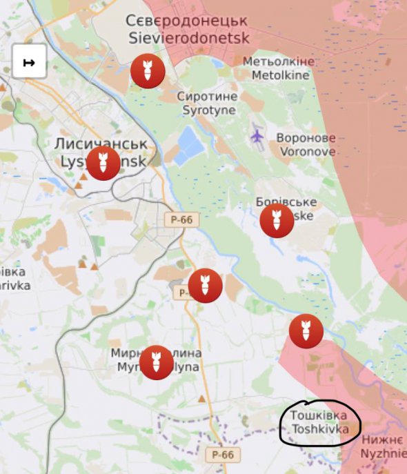 ЗСУ артилерією відігнали окупантів  із Тошківки.  Водночас в Сіверськодонецьку тривають інтенсивні бої, а Лисичанськ під постійними обстрілами