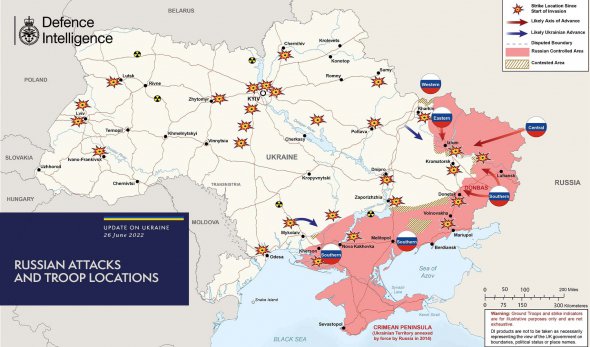 Карта бойових дій в Україні станом на 26 червня