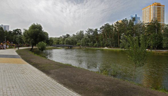 В парке Победа есть мостики через озера