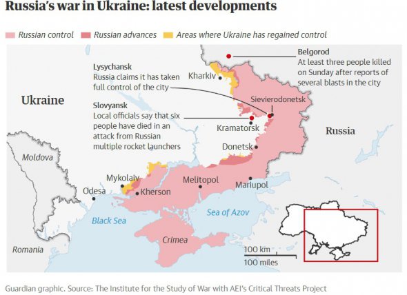 Ситуація на полях бою. Червоним – захоплені росіянами території. Жовтим – відвойовані Україною. Рожевим – окуповані Росією 