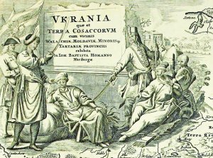 У кутку карти ”Україна, або Козацька Земля, з прилеглими провінціями Валахії, Молдавії й Малої Тартарії” німецький географ Йоганн-Баптист Гоманн (1664–1724) зобразив козаків (сидять). Крім них, є швед (стоїть праворуч), московит (стоїть перший ліворуч) і поляк (стоїть другий ліворуч). Із представниками цих народів українцям постійно доводилося вести справи протягом другої половини XVII – у першій половині XVIII століть