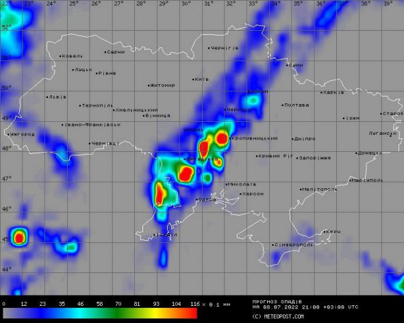 Дощі на прогностичній карті  дістануться завтра від Одещини до Сумщини