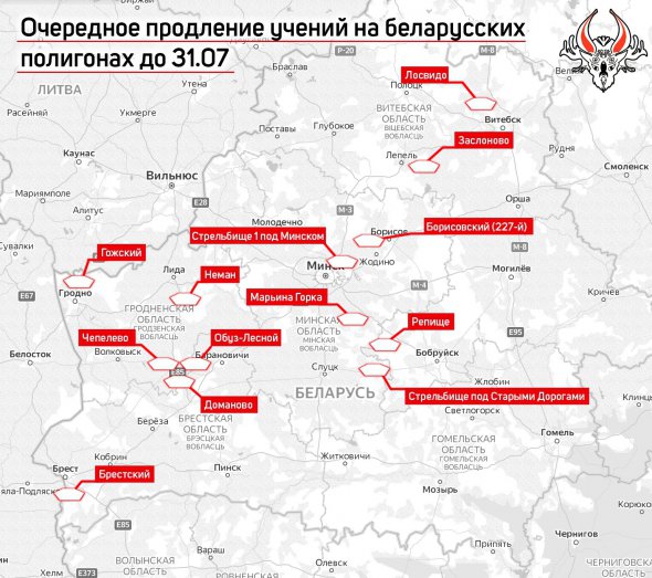 Карта военных учений ВС Беларуси