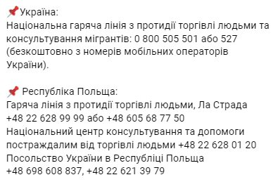 Контакти, за якими можна отримати безкоштовну консультацію українцям щодо злочинів, пов'язаних з торгівлею людьми 