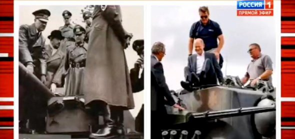 В своей вечерней программе Соловьев показал фото канцлера Шольца на танке рядом с фотографией Гитлера 
