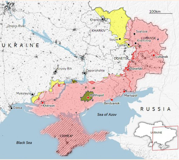 Оккупированные части Украины – означены красным, освобожденные жёлтым 