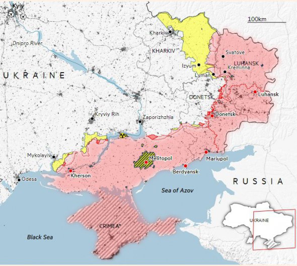 Окуповані частини України – позначені червоним, звільнені жовтим 