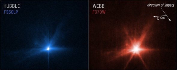 Космическое агентство NASA опубликовало снимки столкновения зонда DART с астероидом, сделанные телескопами "Джеймс Уэбб" и "Хаббл"
